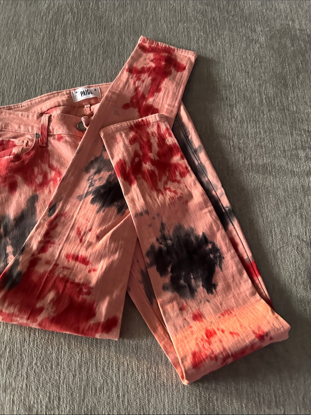PAIGE Peach Coral Tie-Dye Wide Leg Jeans with Black Accents
